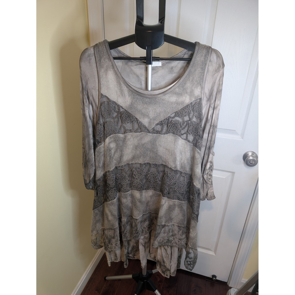 Scandal Tunic Women L Grey Acid Wash Lace Tiered Boho Waffle Knit Made‎ in Italy